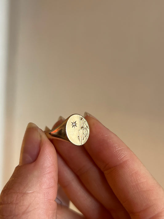 Engraved signet ring with diamond