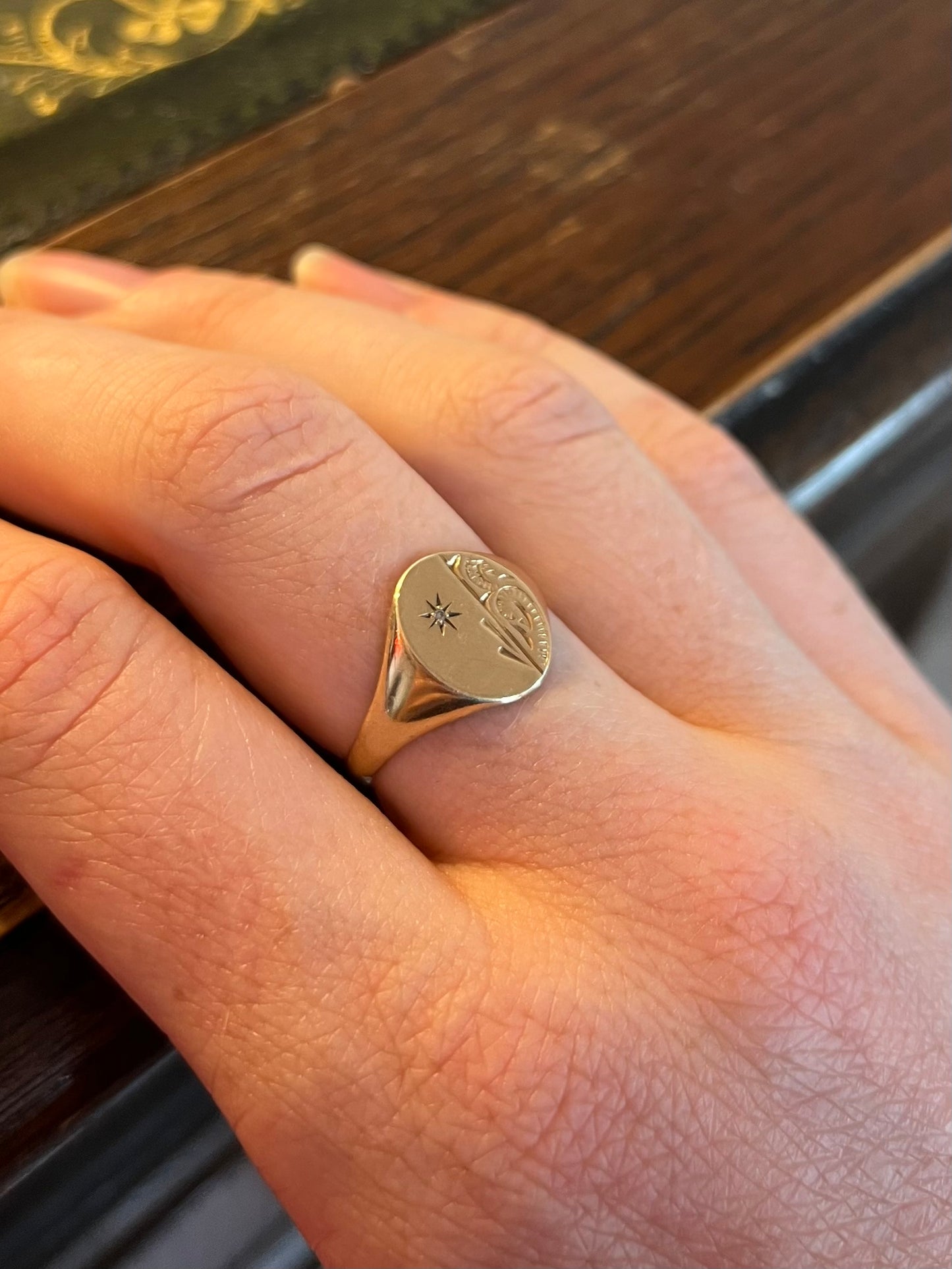 Engraved signet ring with diamond
