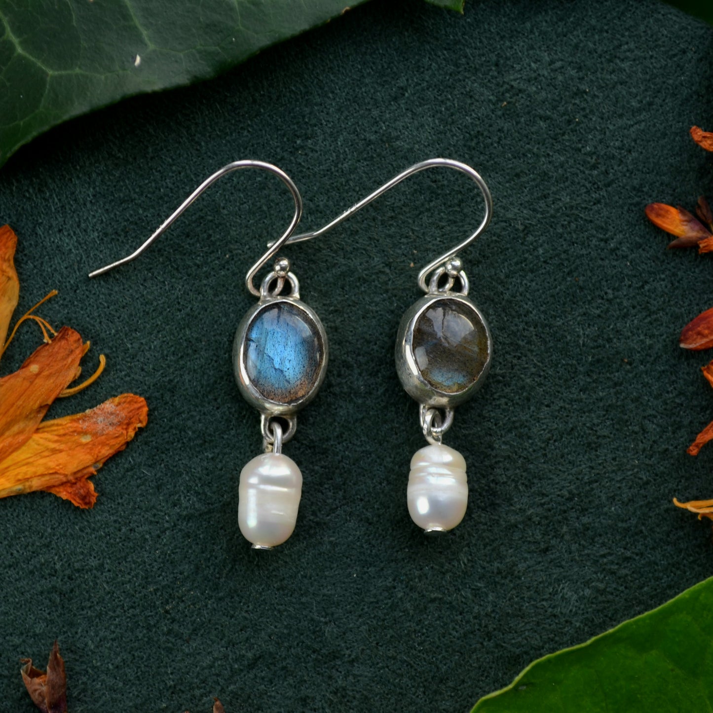 Labradorite pearl drop earrings