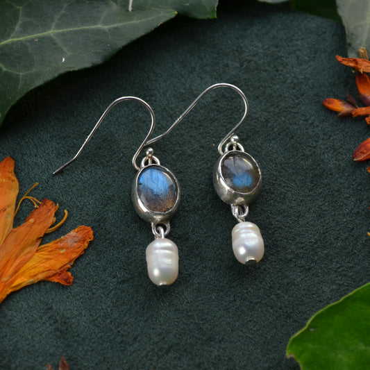 Labradorite pearl drop earrings