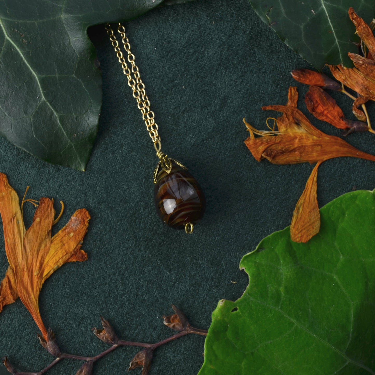 Antique tiger's eye acorn gold necklace