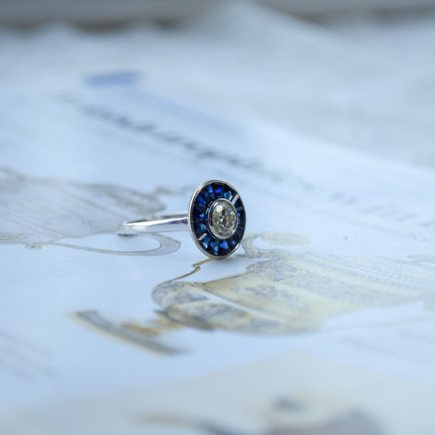 Diamond and sapphire art deco ring