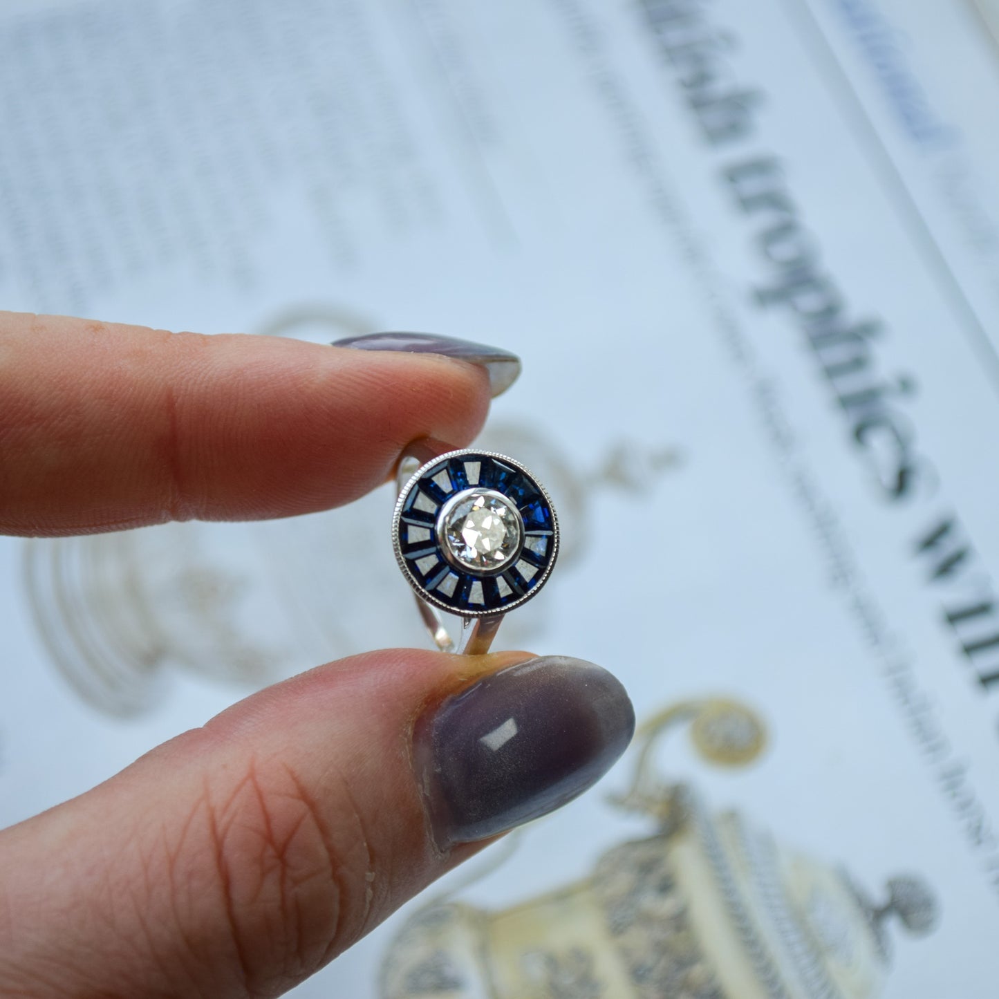 Diamond and sapphire art deco ring