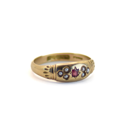 Ruby & pearl gypsy ring 15ct gold