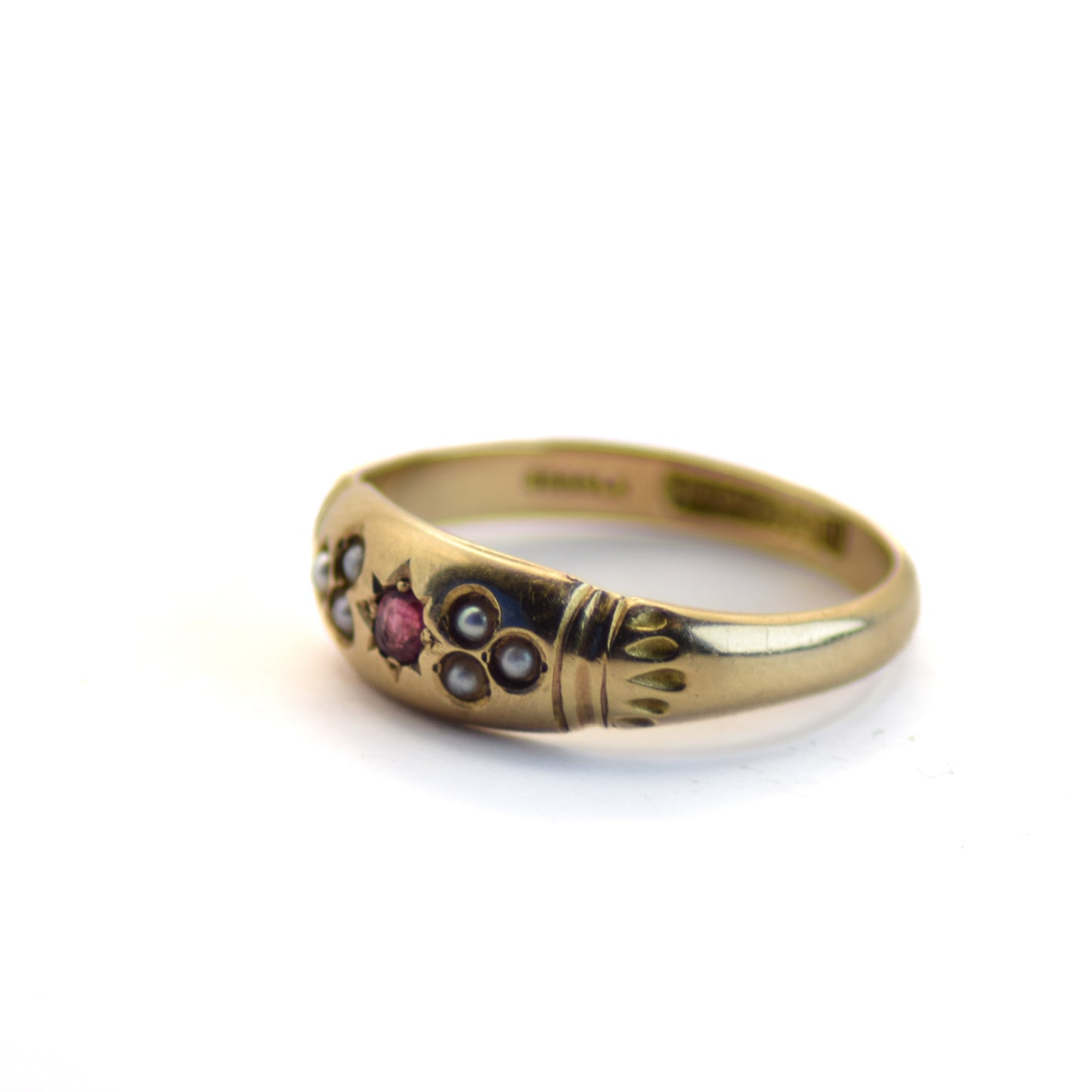 Ruby & pearl gypsy ring 15ct gold